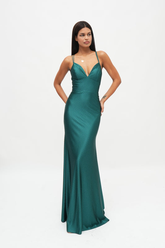 Abito lungo elegante in satin verde smeraldo con spalline sottili