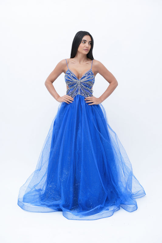 Abito ampio con gonna in tulle glitter.