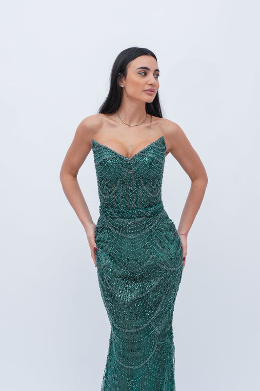 Abito Sirena Eleganza Duale: Corsetto Steccato e Trasparenze Lilla-Verde